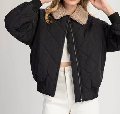 z   Quilted Fur Collar Coat