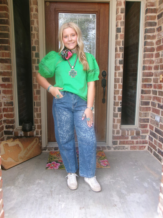 z   Embroidered Denim Barrel Jeans
