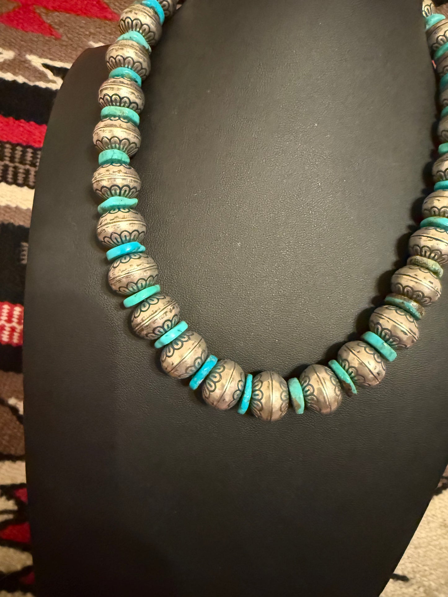 LI  Grande Sterling Silver Flower Beads with Kingman Turquoise Chips Necklace 16" Long with 2" Extender