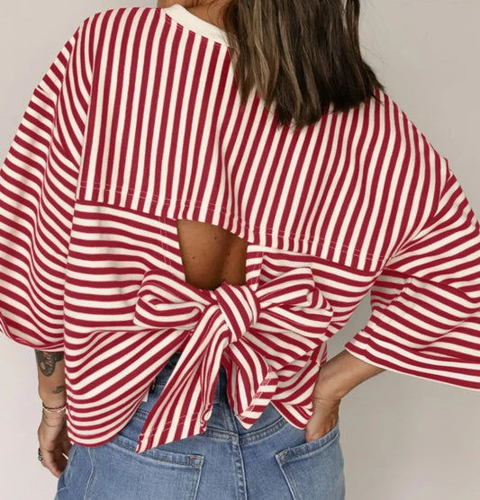 z   Striped Drop Shoulder Top with Bow Decor
