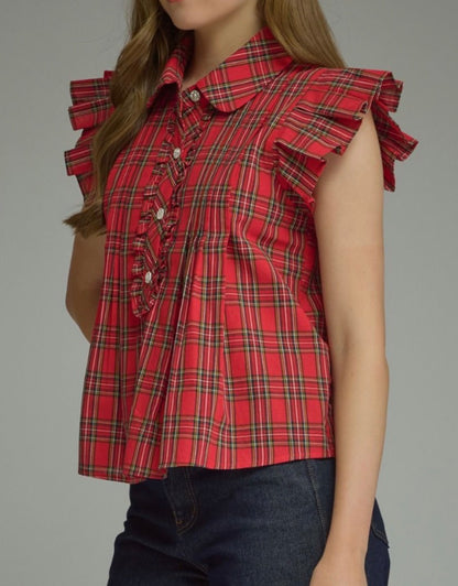 z   Red Plaid Ruffle Sleeve Top