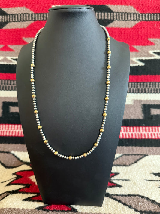 Style 3 Sterling Silver Navajo Pearl and Gold Necklace 24" Long 4mm
