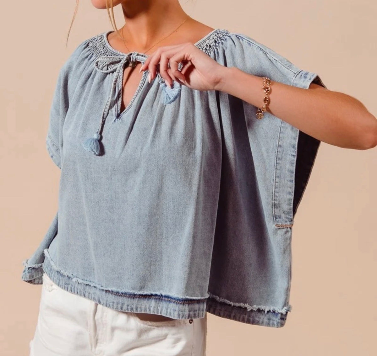 z   Smocked Neck Dolman Chambray Denim Top