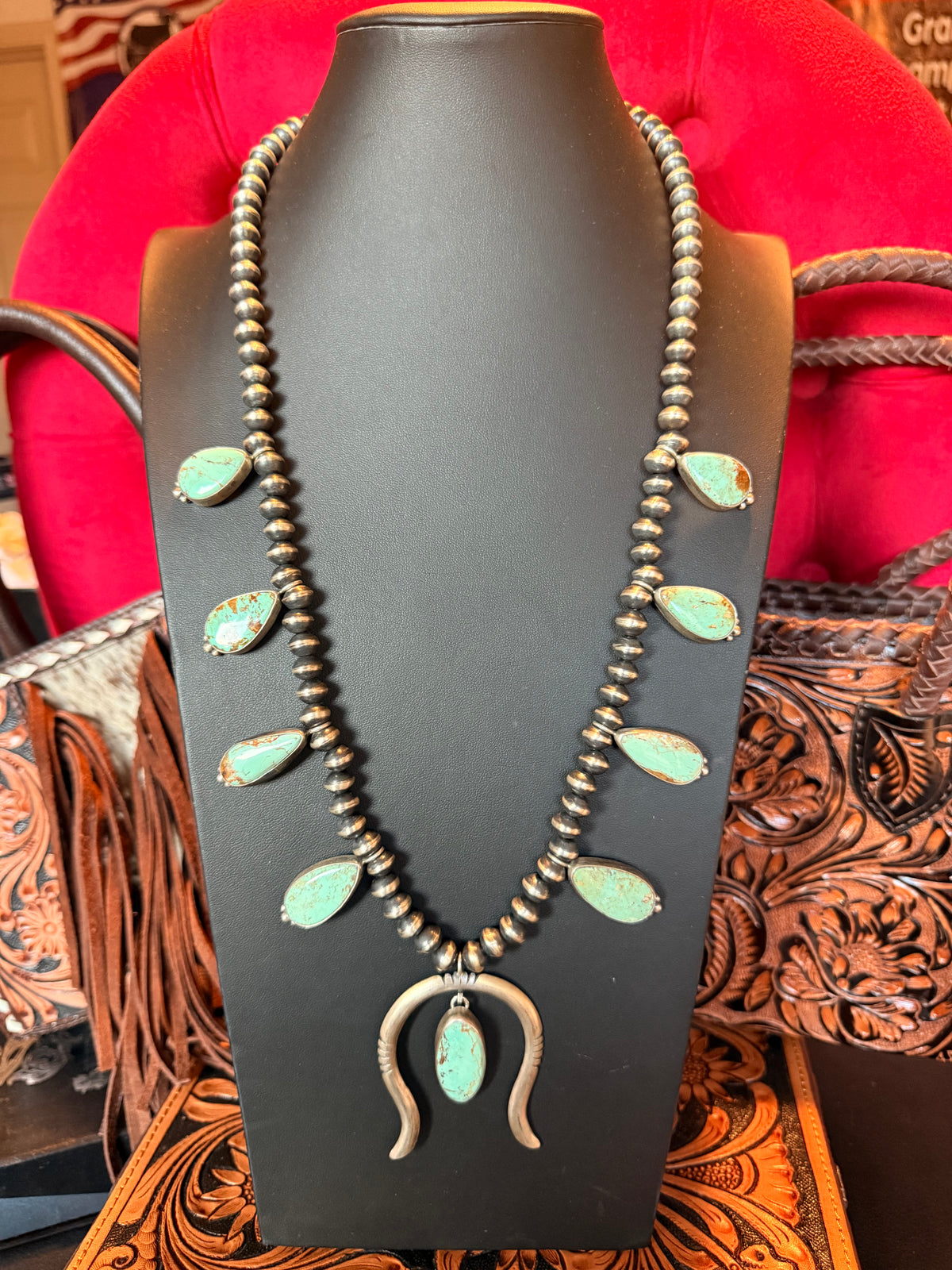 Turquoise Squash Blossom Necklace & Earring Set  By Larry Kaye