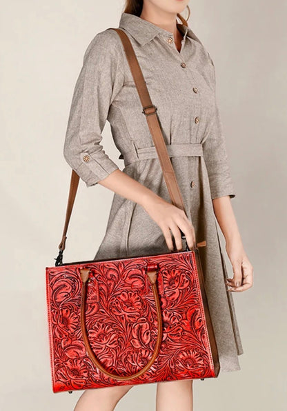American Darling Red Hand-Tooled Genuine Leather Crossbody Tote Bag