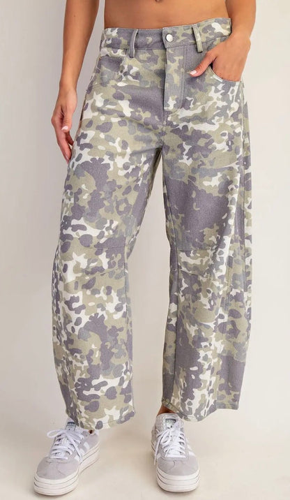 z   Soft Washed Camo Barrel Jeans