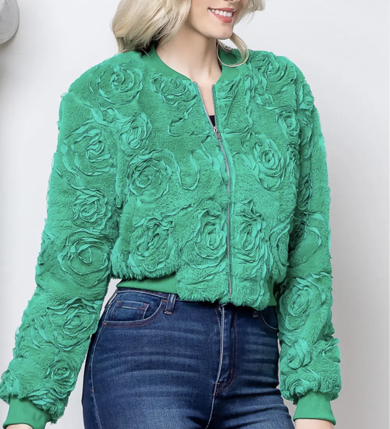 z   Green Textured Rosette Fur Bomber Jacket