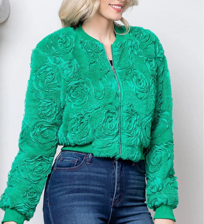 z   Green Textured Rosette Fur Bomber Jacket