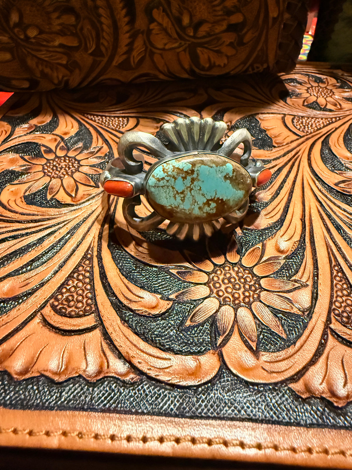 Handmade Sand Cast Turquoise and Coral Cuff  By Chimney Butte