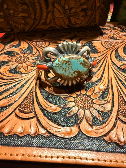 Handmade Sand Cast Turquoise and Coral Cuff  By Chimney Butte