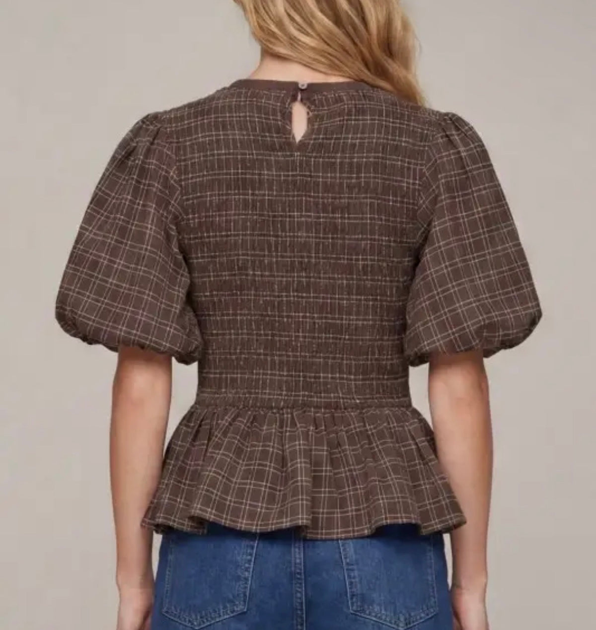 z   Brown Plaid Smocked Peplum Top