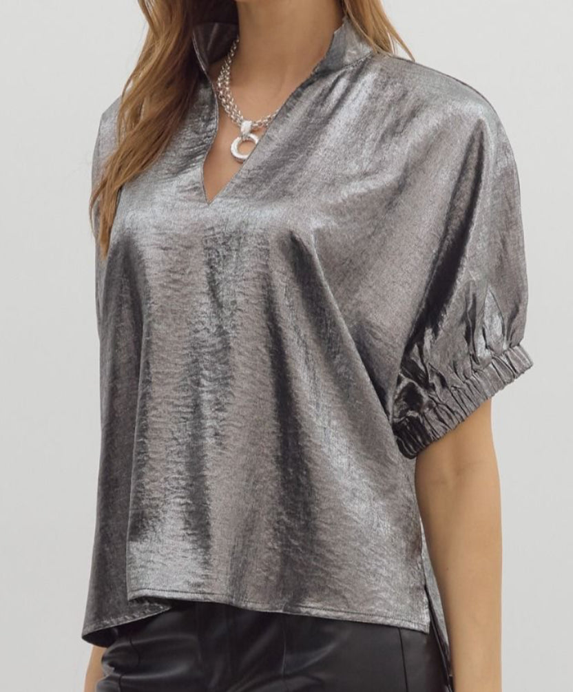 z   Metallic Charcoal V-Neck Top