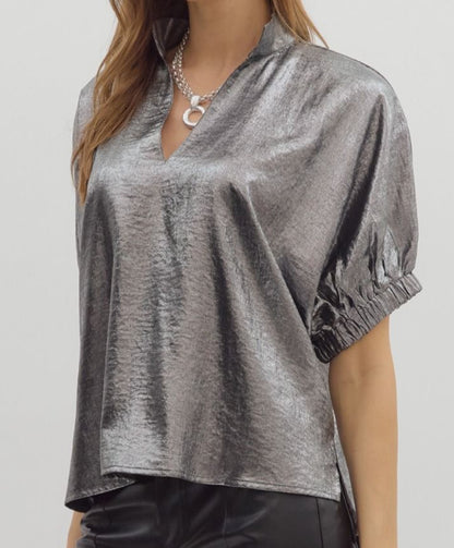 z   Metallic Charcoal V-Neck Top