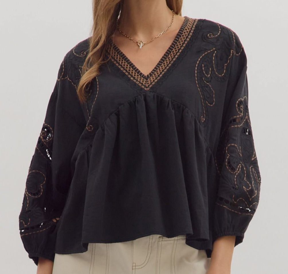 z   3/4 Embroidered Cut Out Sleeves Top