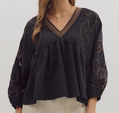 z   3/4 Embroidered Cut Out Sleeves Top
