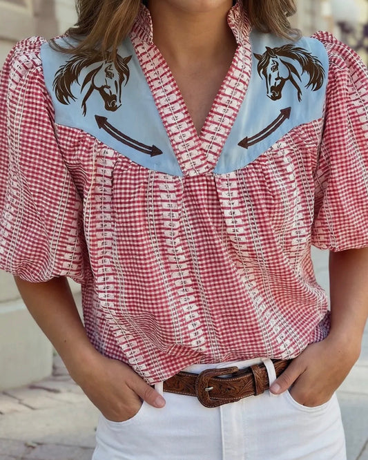 z   Western Pony Gingham Top Pink