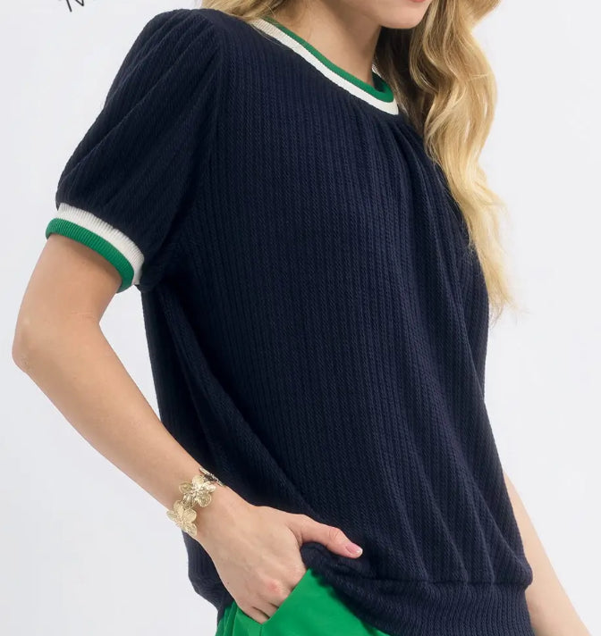 z   Puffed Sleeve Navy Knit Top