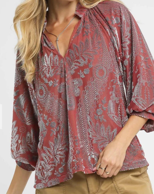 z   Damask Print Velvet Split Neck Top