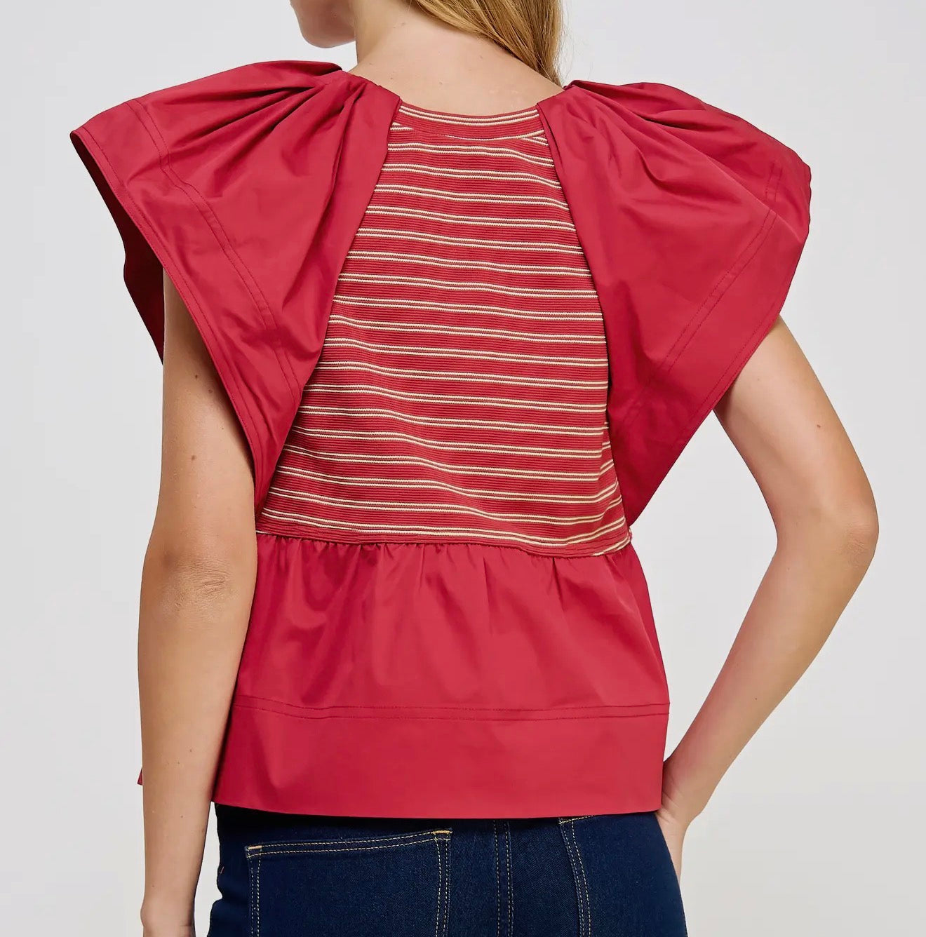 z   Mixed Media Ruffled Striped Knit Top