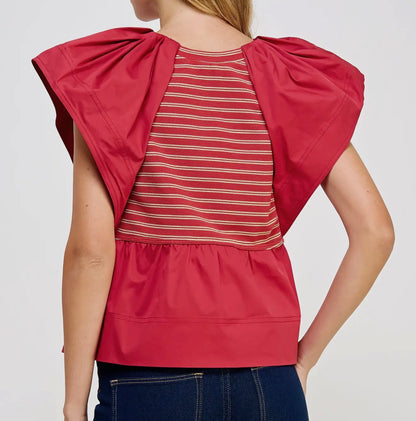 z   Mixed Media Ruffled Striped Knit Top