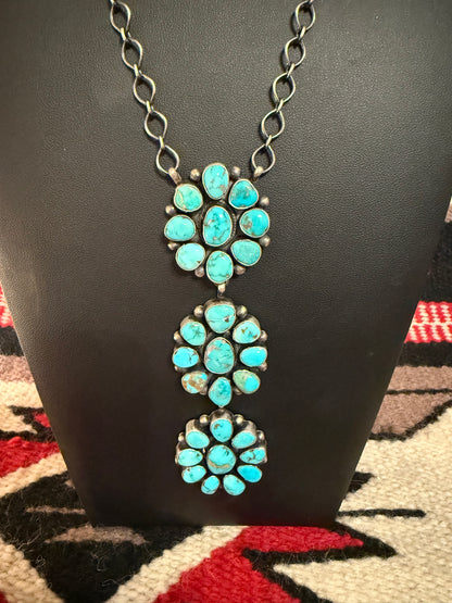 Sterling Silver and SS Blue Ridge Turquoise 3 Cluster Pendant Link Chain Necklace