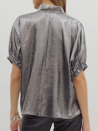 z   Metallic Charcoal V-Neck Top
