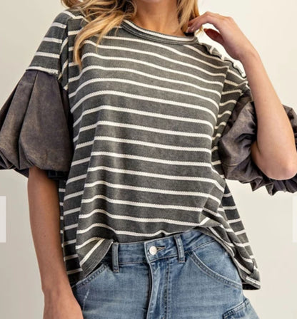z   Striped Puff Sleeve Round Neck Top