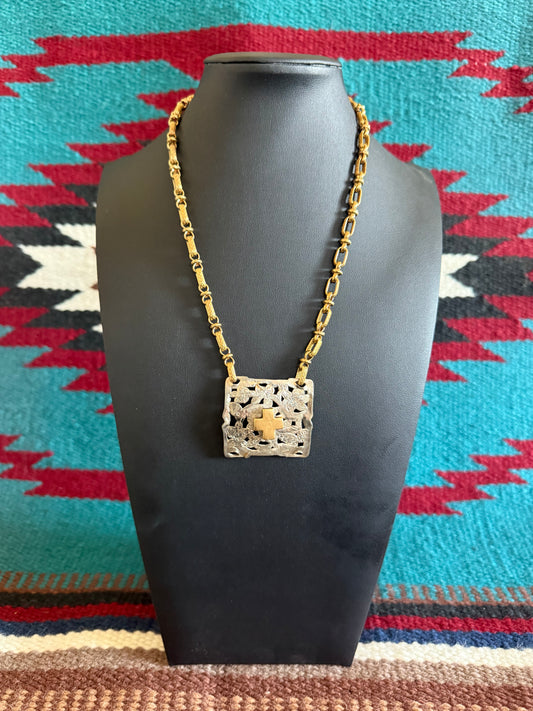 v2   Silver and Gold Belt Buckle Link Chain Cross Necklace 18" Long