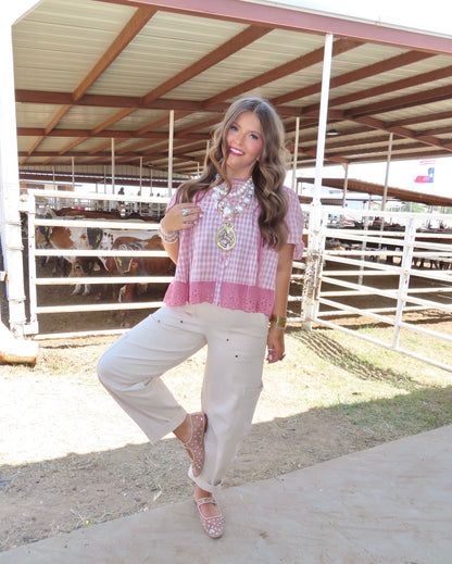 z   Check Lace Trim Flutter Sleeve Top