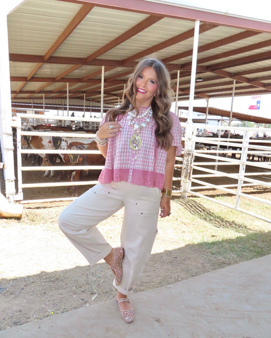 z   Check Lace Trim Flutter Sleeve Top