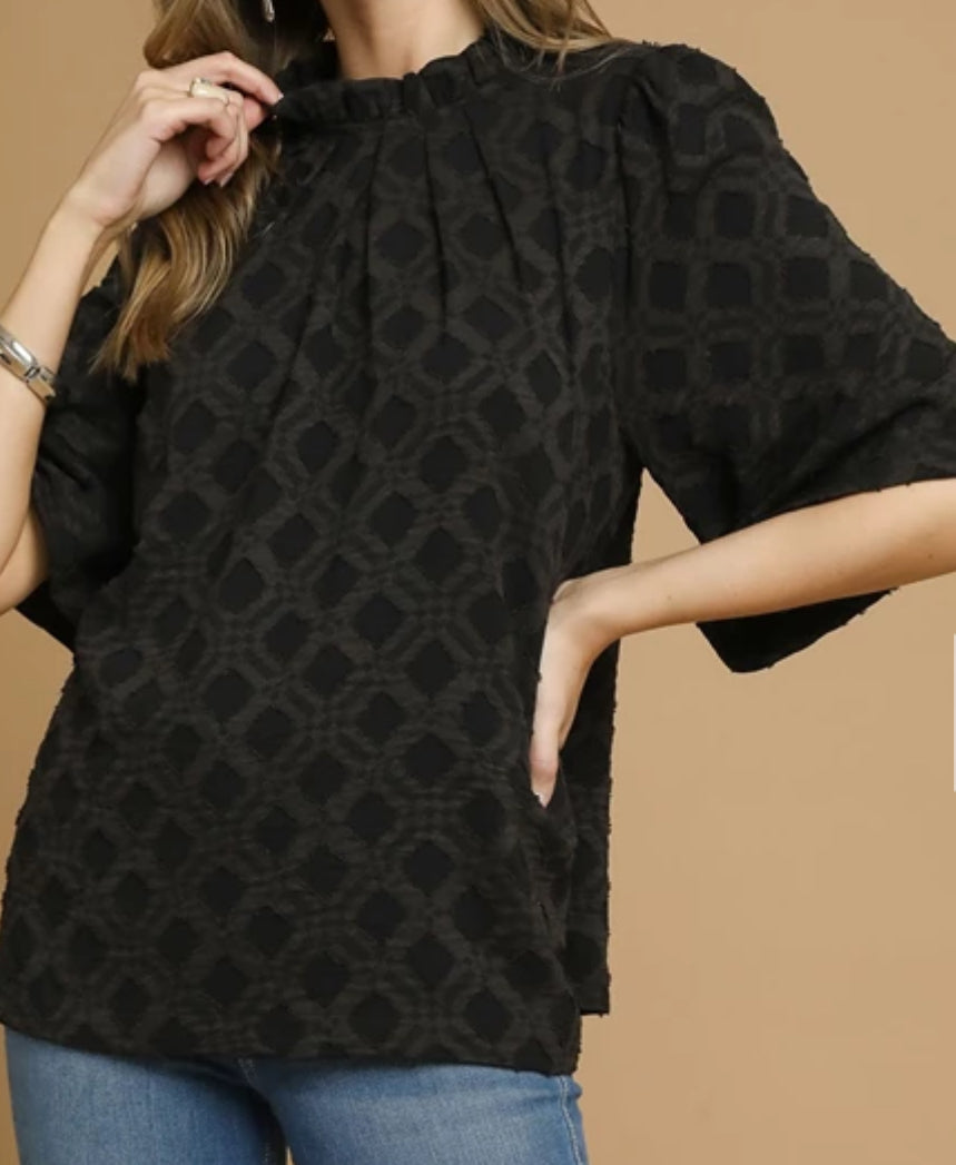 z   Textured Lattice Mock Neck Blouse