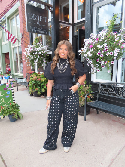 z   Black Smocked Bodice Puffed Sleeve Top