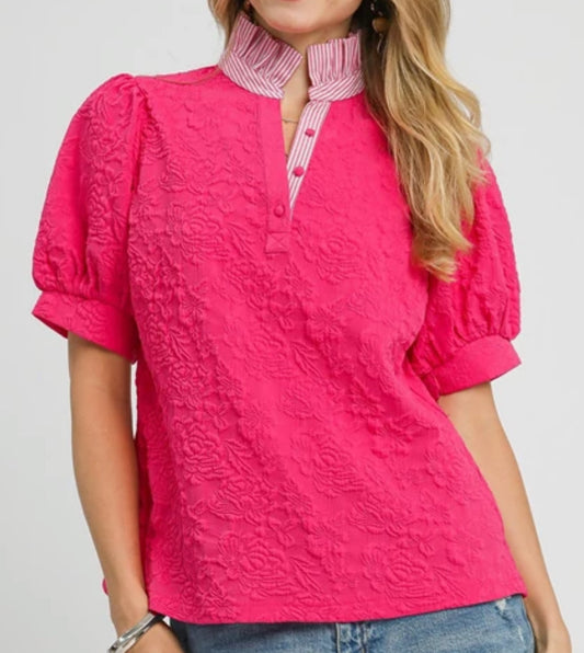 z   Jacquard High Ruffle Neck Top