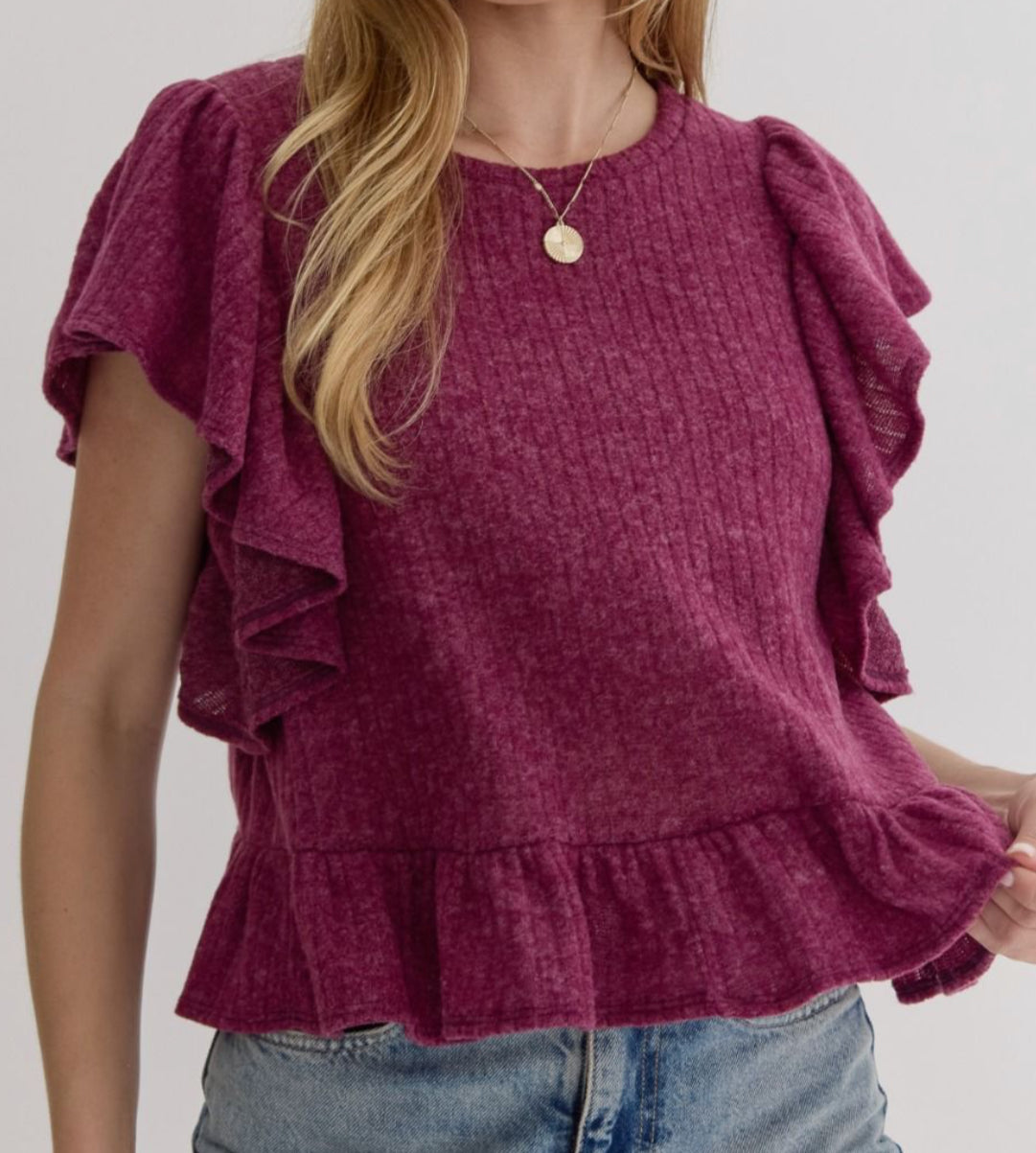 z   Ribbed Knit Ruffle Top Plum