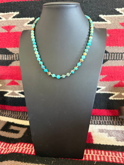 Turquoise Round Beads with Sterling Silver Graduated Necklace 18" Long