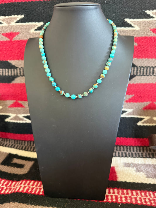 Turquoise Round Beads with Sterling Silver Graduated Necklace 18" Long