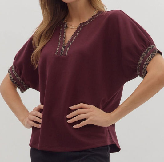 z   A Touch of Leopard Top Burgundy