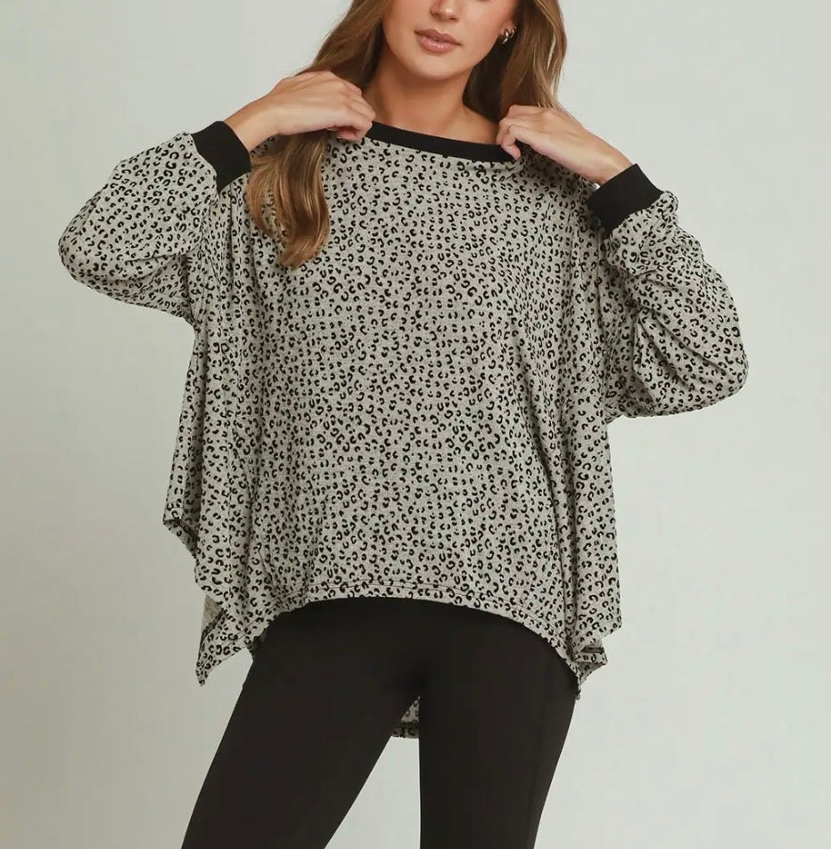 z   Leopard Velvet Uneven Hem Top Stone