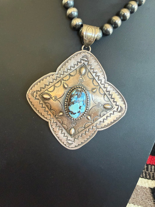 Sterling Silver Stamped Pendant with Golden Hills Stone By Gilbert Lee