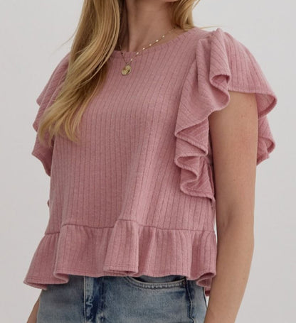 z   Ribbed Knit Ruffle Top Mauve
