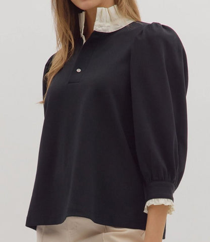 z   Knit Top with 3/4 Puffed Sleeves