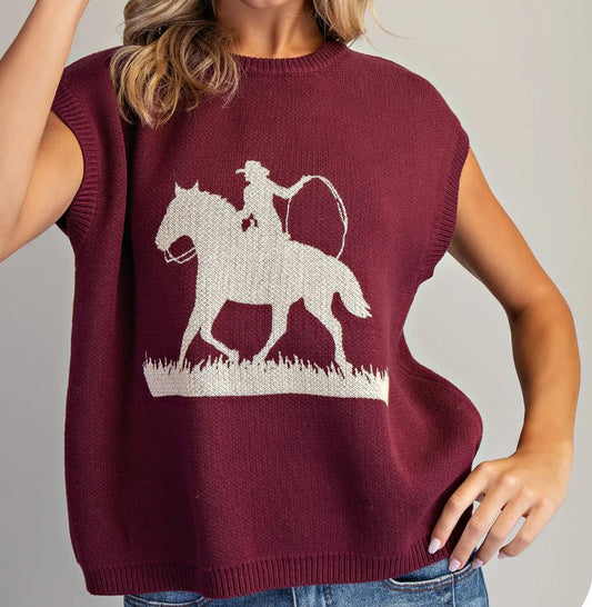 Western Graphic Cap Sleeve Sweater