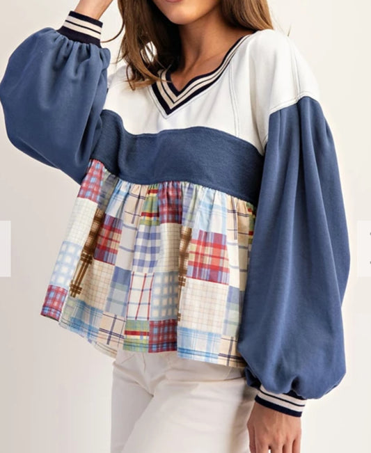 z   Mix Plaid Poplin Balloon Sleeve Top