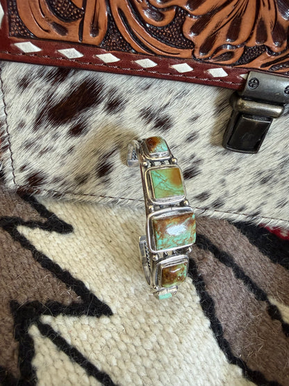 Square Green Turquoise Stone  Cuff By Junior Begay