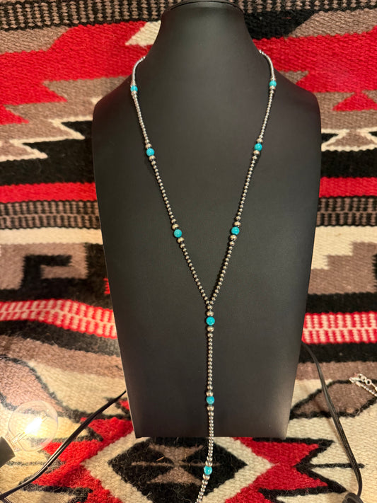 Sterling Silver Navajo Pearl and Kingman Turquoise Lariat 24" Long + 6 1/2" Drop