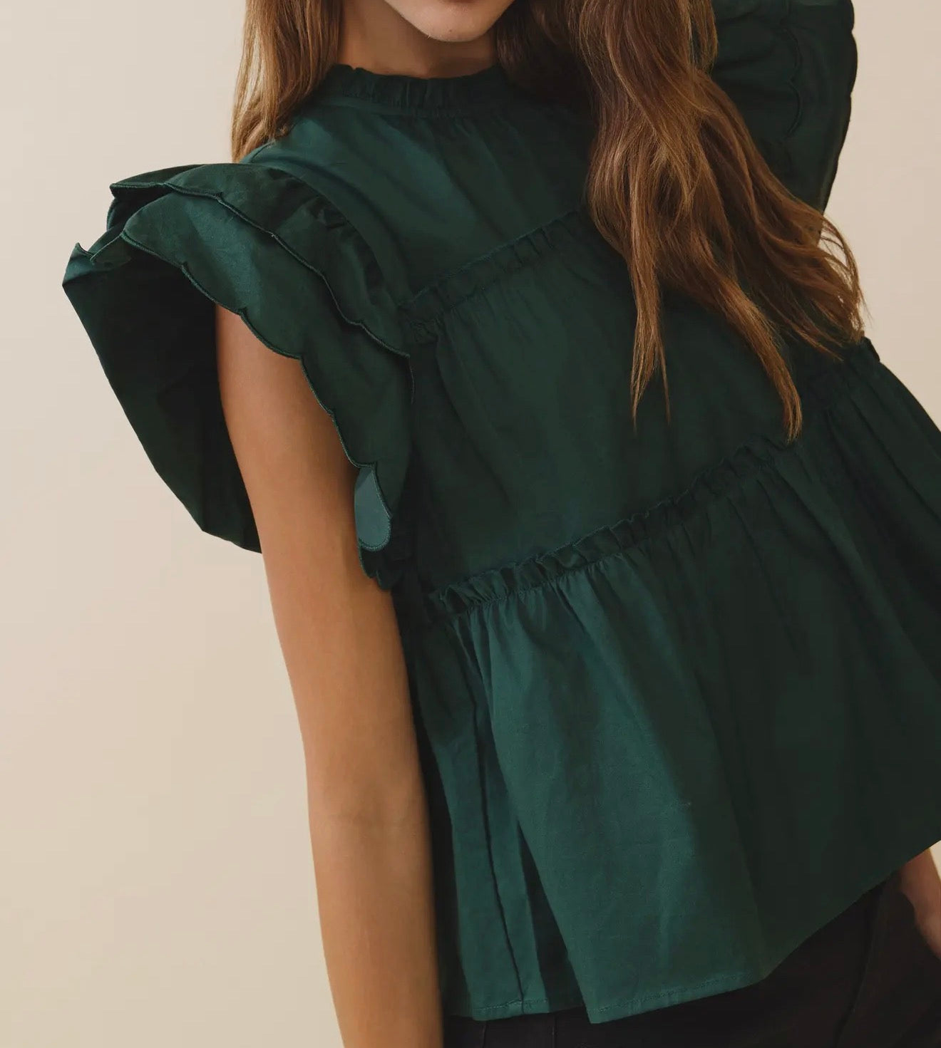z   Dramatic Ruffle Sleeve Detail Tiered Poplin Top Hunter Green