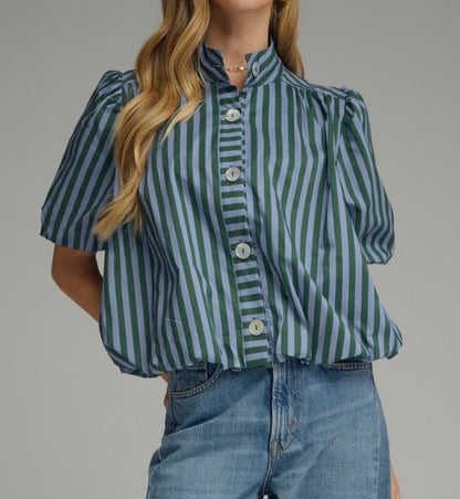 z   Hunter Green and Blue Striped bubble Top