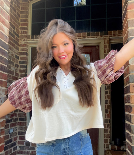 z   Mineral Washed Plaid Puff Sleeve Top