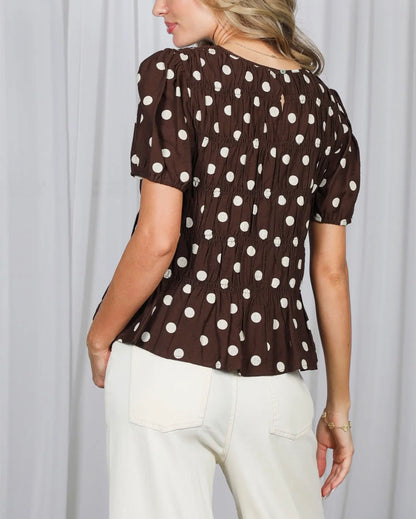 z   Charming Brown Polka Dot Smocked Top