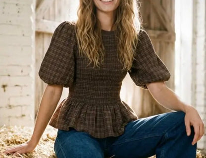 z   Brown Plaid Smocked Peplum Top